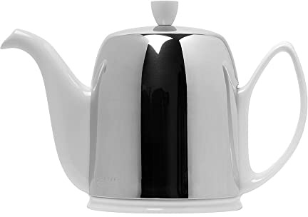 Guy Degrenne Salam Classique Théière 6 Tasses Corps Blanc Cloche Miroir | Théière 6 Tasses (100 Cl) en Porcelaine Blanche, Cloche en Acier Doublée de Feutrine, Résiste aux Chocs et aux Taches