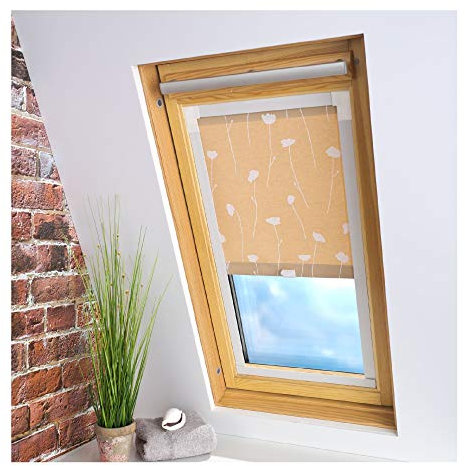 Liedeco® Dachfensterrollo mit Seitenschienen / 96 x 130 cm Dekor Blumen beige/lichtdurchlässig Blickdicht stufenlos/für viele Dachfenstertypen geeignet/Sichtschutz Blendschutz Sonnenschutz
