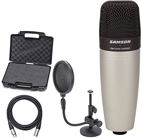 Samson C01 Large Diaphragm Condenser Microphone + Mic stand and mic pop filter combo & Mic Cable, 20 ft. XLR Bulk