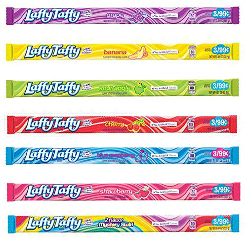 Laffy Taffy Confezione da 7 pezzi con fragola, ciliegia, lampone blu, banana, vortice misterioso, uva e mela acida.
