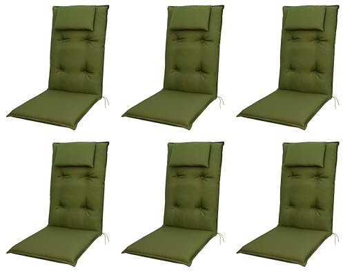 Doppler Hochlehner Auflage mit Kopfkissen, Grün Uni, 120x50x8cm, 6er-Set | 100% Polyester, Schaum-/Vliesfüllung, Waschbar, Made in Europe