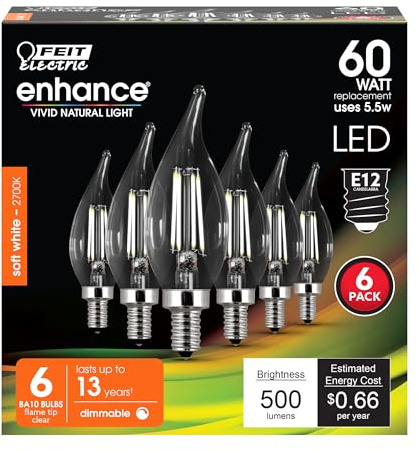 Feit Electric 60-Watt Equivalent BA10 LED Light Bulb, Dimmable Enhance Glass Candelabra Filament, 500 Lumens, 13 Yrs. Lifetime, 2700K Soft White, 6-Pack - CFC60/927CA/FIL/6