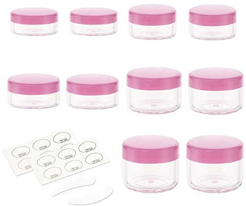 ZEJIA 10pcs Pink Sample Containers with Screw Lids,5 Size 3/5/10/15/20 Gram Empty Cosmetic Jars with 12pcs Lables and 2pcs Mini Disposable Spatula,Makeup Sample Containers BPA Free