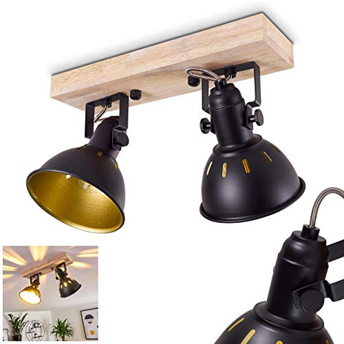 HOFSTEIN Deckenleuchte Tina, verstellbare Deckenlampe aus Metall/Holz in Schwarz/Gold/Natur, Leuchte im Industrial/Retro/Vintage-Design mit Lichteffekt, 2 x E14, Wohnzimmer, Esszimmer, Schlafzimmer