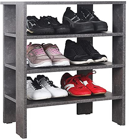 RICOO Schuhregal schmal platzsparend WM039-BG Shoe Rack Schuhschrank mit 3 Ebenen Schuh Regal Holz Schuhständer Standregal Flur Schuhablagen Betongrau