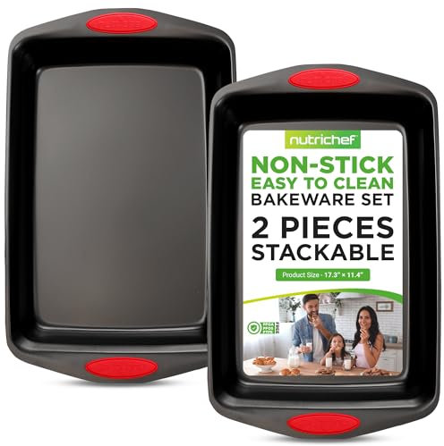 NutriChef 2-Piece Nonstick Baking Pan Set – Carbon Steel Cookie Sheet w/Red Silicone Grip Handles – Durable, Heavy-Duty Bakeware for Even Heat Distribution – Oven Safe, Easy Cleanup – Black