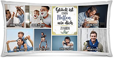 PR Print Royal Kissen selbst gestalten XXL - mit 7 Fotos Bedrucken - Glück ist einen Neffen wie Dich zu haben - Geschenk Geburtstag Weihnachten - Fotokissen in XXL inkl. Füllung, 80x40 cm