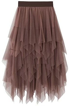 SANSIWU Dam tyllkjol blommigt tryck nät elastisk hög midja lager tutu-kjol A-linje midikjol kvinnliga kjolar, C-brun, one size