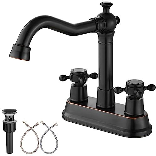 Aolemi Centerset - Grifo de lavabo de baño de bronce aceitado de 4 pulgadas de latón con asas dobles cruzadas, tocador vintage montado en la cubierta, grifo mezclador mezclador para lavabo, grifo de