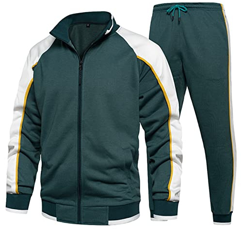 amropi Survêtement Homme Ensemble Veste Sweat et Pantalon Jogging Combinaison de Sport Vert Blanc,L