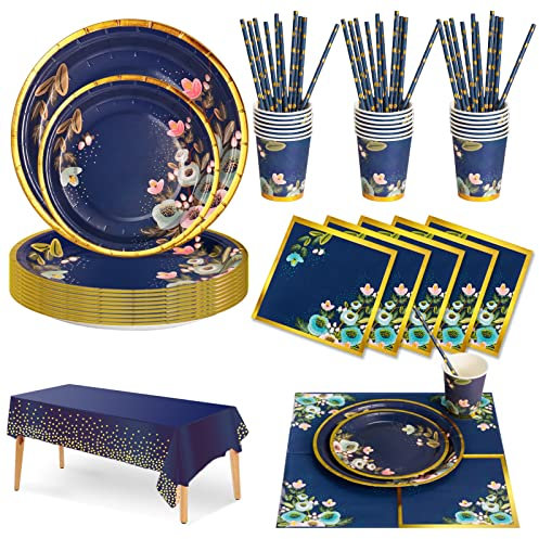 Nkaiso Partygeschirr Kindergeburtstag Set, 126 Stück Blaue Blumen Pappteller Kindergeburtstag Mädchen Party Set mit Blaue Blumen Pappteller, Pappbecher, Servietten und Strohhalme für 25 Gäste