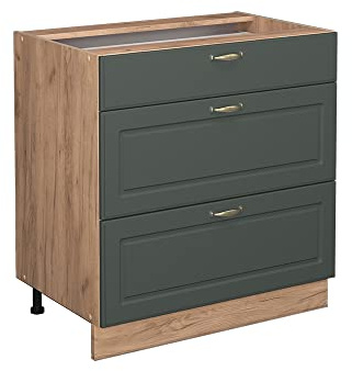 Vicco Küchenunterschrank Fame-Line, Grün-Gold Landhaus, 80 cm | MDF-Front · Ohne Arbeitsplatte · Höhenverstellbare Füße · Metallgriffe · Metall-Vollauszüge