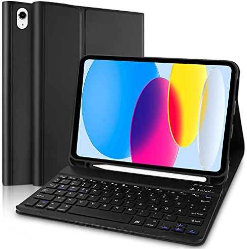 Hülle mit Tastatur für iPad 11. Generation (A16-Chip, 2025), Kompatibel mit iPad 10. Generation 2022 -Bluetooth-Verbindung, QWERTZ Deutsche -Layout, USB-Aufladung, Schwarz (iPencil Nicht enthalten)