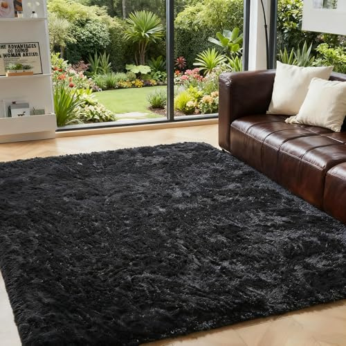OMERAI Tapis Salon Chambre Shaggy 150X240CM Noir Tapis avable avec Le Fond Antidérapant pour Doux Carpet Poil