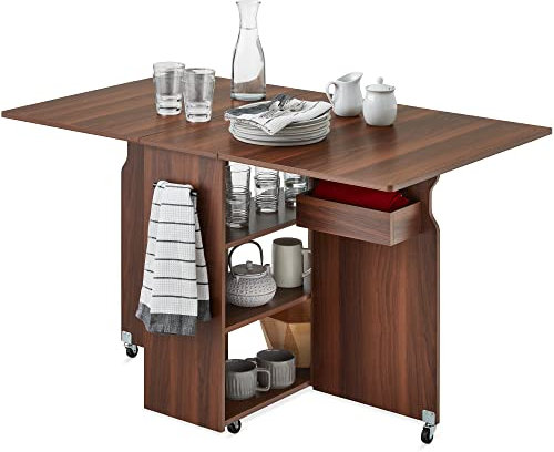 Best Choice Products Zusammenklappbarer Esstisch, Mehrzweck-Erweiterung, zusammenklappbar, vielseitig einsetzbar, platzsparend, Schreibtischmöbel mit Rollen, 3 Ablagefächer, Metallgriff, Braun