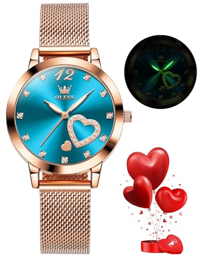 OLEVS Ladies Watch Japanese Quartz Rose Gold Stainless Steel Mesh Strap Diamond Luxury Dress Waterproof Luminous Bracelet Sets
