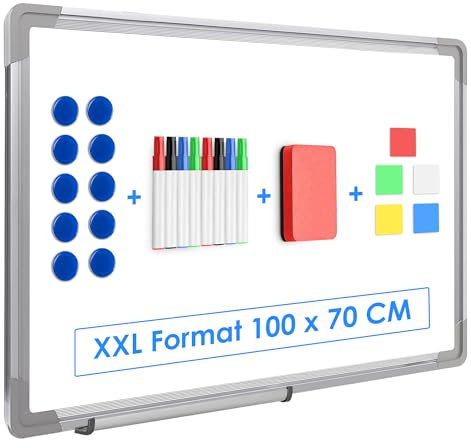 Magnetisches Whiteboard XXL 100x70 cm (23-teiliges), Set Mit Markern & magnetischem Whiteboard Radierer, große Emaille-Memotafel mit abnehmbarer Stiftablage, kratzfeste Memotafel für Kinder & Büro