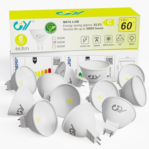 GY GU5.3 Lampadine LED 12V, MR16 4.5W (equivalenti a 60W), 663 Lumen 4000K LED Luce Naturale, Lampadina 120° Angolo del Fascio Lampadine GU5.3, Non Dimmerabile Lampadine, 12 pezzi