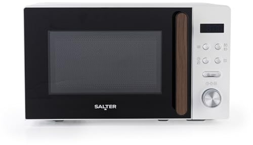 Salter EK5932WHT Toronto 20L Digital Microwave – 95-Minute Timer, Defrost, 25.5cm Glass Turntable, 8 Auto-Function Presets, LED Display, Wood-Effect Accents, Child Lock, 25.9 x 44 x 33.5cm, 800W White