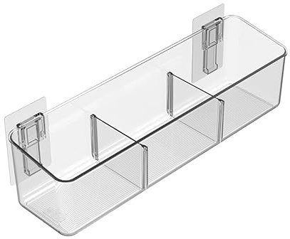 Amtido Bathroom Caddy Shelf - Self-Adhesive Shower Shelf, Wall-Mounted Plastic Storage Shelves for Bathroom and Kitchen Organisation - Clear PET Plastic (Wide - Low - 38.3cm x 10.5cm x 10.2cm)