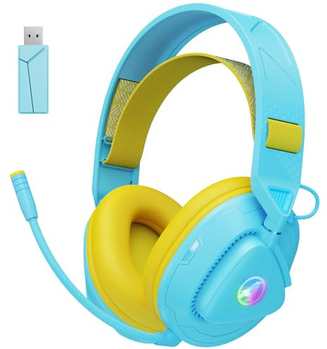 Awinnasey Cuffie Gaming Wireless con microfono, Cuffie da gioco Bluetooth sopra l'orecchio con luci RGB, 2,4 GHz Cuffie da gioco wireless per PS5, PS4, Switch, PC, Mac, Blu Giallo