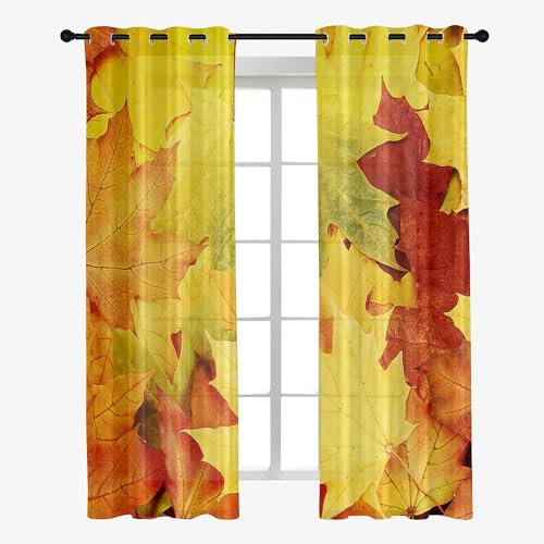 Odot Transparent Gardinen mit Ösen Schlaufen, Ahornblatt Drucken Vorhänge Voile Sheer Vorhang Dekoschal Fensterschal Ösenvorhang für Wohnzimmer Fenster 2er Set, Schienensystem (Gelb,140x213cm)