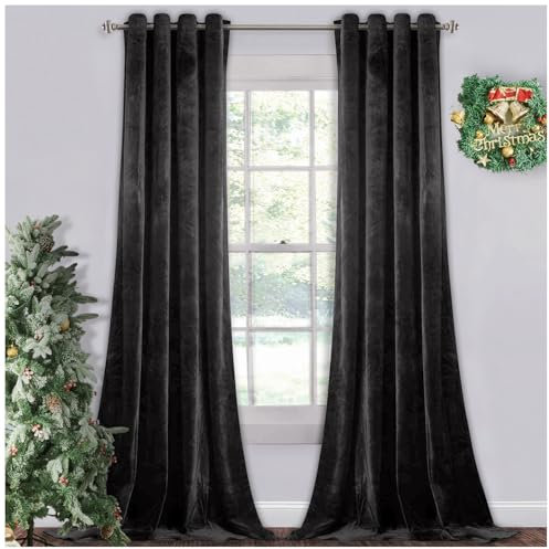 GC GAVENO CAVAILIA Crushed Velvet Curtains Blackout Eyelet Ring Top Pair Of Fully Lined Curtains - Charcoal 90 X 90 | Elegant Window Treatment For Doors & Bedrooms