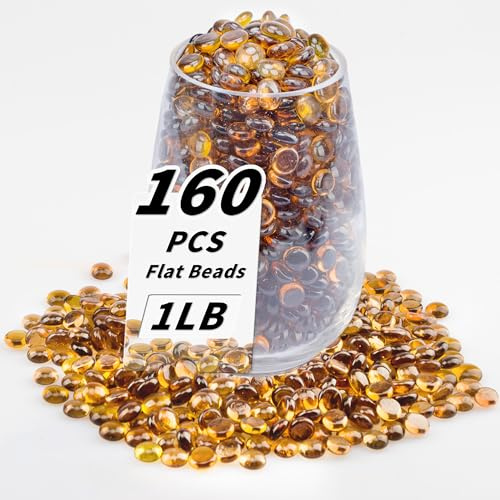 1 LB Amber Flat Glass Beads, 160-180PCS Small Glass Marbles, Mini Flat Round Pebbles for Vase Filler and Floral, Fish Tank Rocks Decorative Gemstones for Home and Aquarium Décor