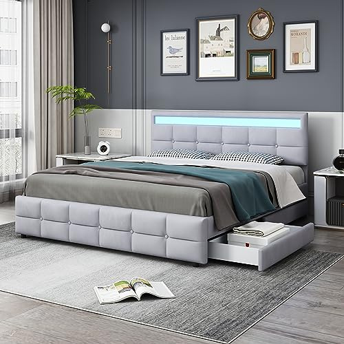 Ymkua Polsterbett 180x200, Doppelbett, Bett mit LED Beleuchtung, Stauraumbett mit 4 Schubladen, Stauraum Bettgestell mit Lattenrost aus Holz, Jugendbett mit Verstellbares Kopftei, Grau, ohne Matratze