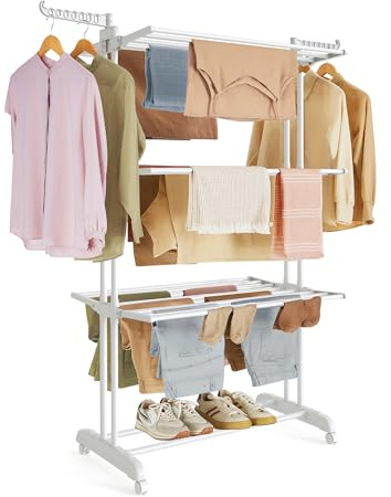 SONGMICS Clothes Drying Rack Stand 4-Tier, Foldable Laundry Drying Rack 68.1-Inch Tall, Stainless Steel, Rolling Clothes Horses Dryer Rack, Easy to Assemble, Indoor Outdoor Use, Cloud White ULLR701W03