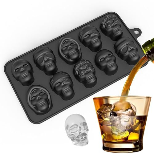 Gmokluytw Totenkopf-Schokoladenform – 10 Mulden, Halloween-Hexenhut, Totenkopf-Backform, Halloween-Totenkopf-Silikonformen zum Kühlen von Whiskey, Cocktail, Getränken, Pudding, Cupcake-Dekoration