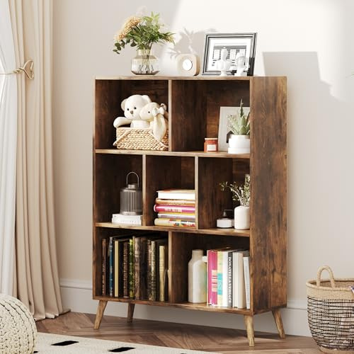 CAIYUN 7 Cube Bookshelf, 3 Tier Modern White Bookcase with Legs, 31 inch Wooden Book Shelf, Toy Storage Organizer, Floor Standing Display Cabinet Rack for Hoom Office, Rustic Brown