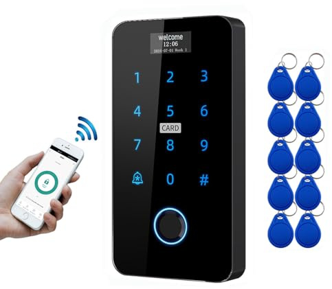 YAVIS WiFi Tuya biometrischer Fingerabdruck Access Controller mit Display Bildschirm wasserdichte Touch hinterleuchtete Tastatur RFID 125 kHz/13.56 MHz IC NFC Kartenleser WG26/34 mit 10 Schlüsselbund