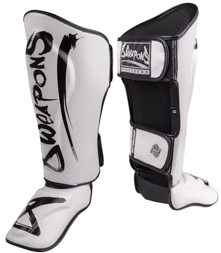 8 WEAPONS Schienbeinschoner Unlimited 2.0, Weiß-schwarz, Training & Wettkampf, Hochwertiges Kunstleder und perfekte Dämpfung, Muay Thai, K1, MMA, Karate & Kickboxen