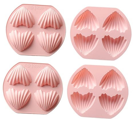 Ciieeo 4 Cavity Heart Shape Madeleine Cake Set, Pink Food-Grade Non-Stick Silicone, Heat Baking Pan for Home and Valentine’s Day, 4pcs Silicone Fondant and Biscuit Mold