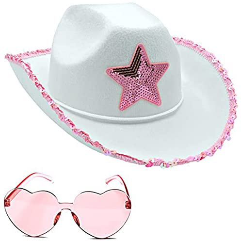 Morain Cowboyhut, Sternenhut, Geburtstagsparty-Hüte, Cowgirl-Hut, Frauenhut für Erwachsene, Partyhüte, weiß, 3-4