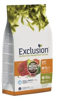 Exclusion Monoprotein Small Puppy Manzo 2kg, alimento completo per cani cuccioli di taglia piccola da 2 a 10 chilogrammi.