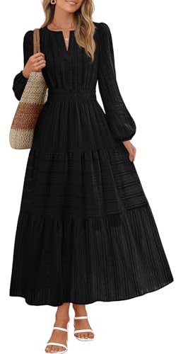 MEROKEETY Herbstkleider für Damen 2025, Winter, langärmelig, lässig, V-Ausschnitt, gestufte Baumwolle, Midi-Maxikleid, Taschen, Schwarz, Klein