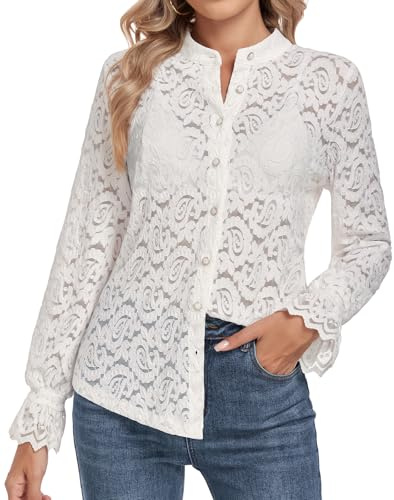 WOWENY Blusa de encaje para mujer, manga larga, elegante, cuello alto, blusa de encaje, camiseta informal, Blanco, M