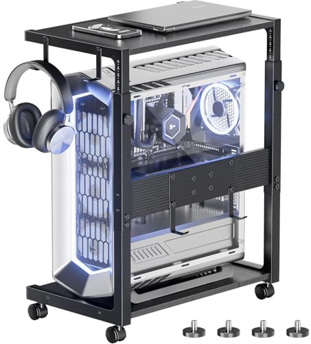 Computer Tower Stand, Adjustable 2-Tier CPU Holder Cart with Wheels | Height adjustable 23.03-28.3 with pegboard and 4 hooks. Ideal for gaming setups and home offices with lockable casters.