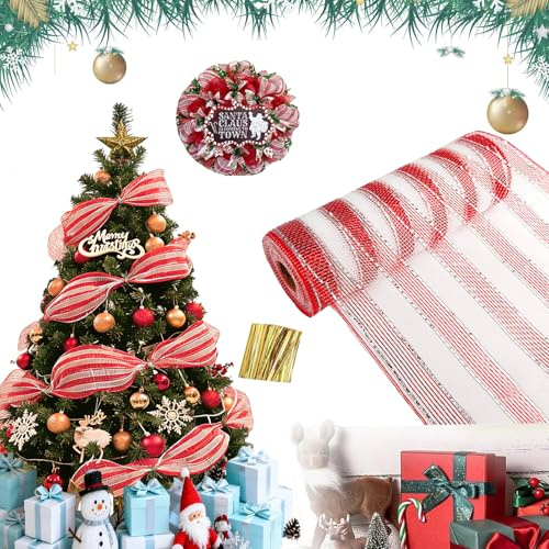 Guirlande De Décoration De Noël, Guirlande d'arbre De Noël, Ruban en Maille De Feuille d'or, Décoration De Jardin De Balustrade De Fête De Mariage De Pâques 26 Cm X 9,14 M (Rouge Blanc + Argent)