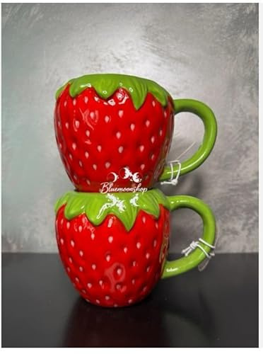 RA-HOMESTORE® New 2 Ceramic Strawberry Shaped Cup Fruit Mug, Bring A Smile to Your Face with Their Quirky Novelty Pattern, Microwave and Dishwasher Safe, Perfect for Tea Lovers.