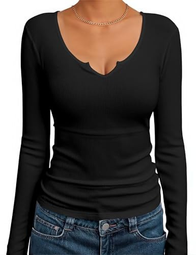 Bresdk sous Vetement Thermique Femme Col en V à Manches Longues Basic Côtelée Tee Shirt Léger Slim Fit pour Hiver Automne