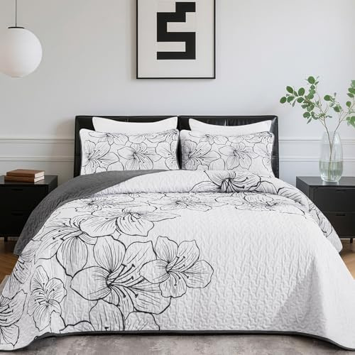 DJY White Quilt Set Queen 3 Pieces Floral Bedding Quilt Set Soft Botanical Bedspread with 2 Pillow Shams Lightweight Flower Quilt Coverlet Set for All Season 90''x 96''