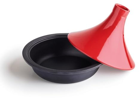 QULINART - Tajine en fonte d'acier avec couvercle en céramique, idéal pour cuissons lentes, 29 x 23,5 cm, couleur rouge, pour des plats savoureux et tendres