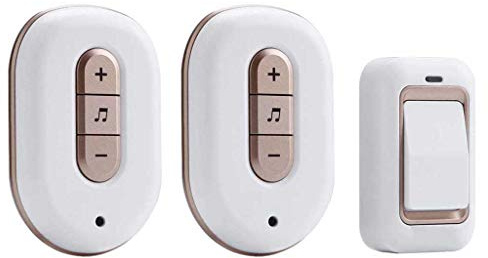 Timbre inalámbrico Resistente al Agua, 1 transmisor y 2 receptores, con conexión a la Pared, sin Pilas, Volumen de 6 Archivos, 48 Canciones, Alcance de transmisión de 200 m, Dorado.