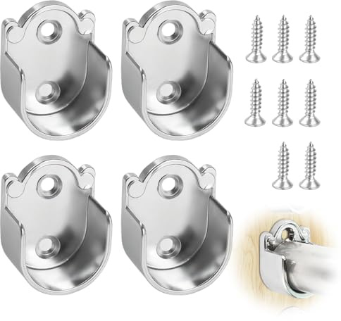 Wardrobe Rail Bracket, 4 Pcs U Shaped Curtain Pole Support Zinc Alloy Shower Curtain Rod Brackets Flange Holder Bracket with Screws Silver Rail Brackets and Fittings for 19mm Wardrobe Pole