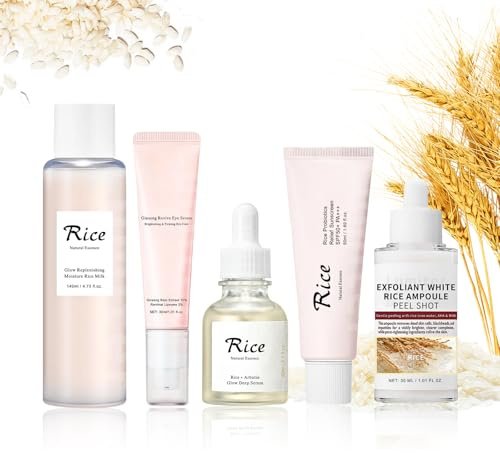 5PCS Rice Korean Skin Care Sets, Rice Skincare Set, Glowing Glass Skin Facial Kit, Pamper Gifts for Women Girls, Hydrates & Soothes (Peel Shot Glow Rice Ampoule,Toner,Serum, Eye Cream,Sunscreen)