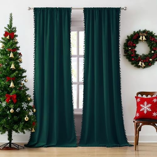 Treatmentex Green Pom Pom Velvet Curtains for Christmas Holiday Season 42x 63 Length Soft Room Darkening Window Drapes for Bedroom Living Room, 2Panels, Rod Pocket