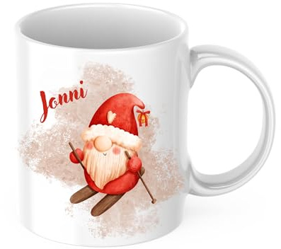 drunkLY Personalisierte Weihnachtstasse mit Namen – Keramik Kaffee-Becher mit Gnom-Motiv – Weihnachtsbecher & Glühwein-Tasse – Geschenkidee Nikolaus & Weihanchten (Gnom-Ski)